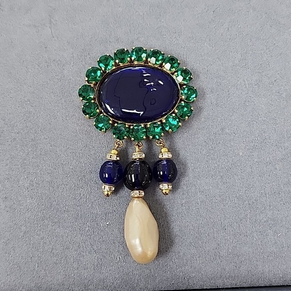 YSL Vintage Glass Sapphire Emerald Pearl Rhinestone Runway Sample Brooch Pin
